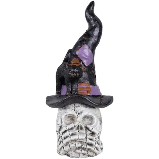 22.75" Skull in Witch Hat with Black Cat Halloween Decoration {1}