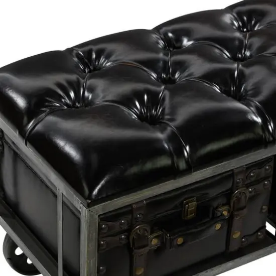 Industrial Rectangular Black Faux Leather and Wood Storage Bench, 19" x 47" x 16" {8}