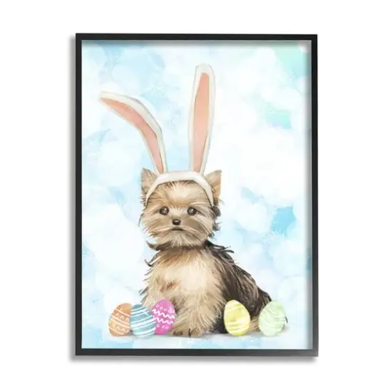 Stupell Industries Easter Yorkie Puppy Bunny Ears Patterned Eggs Framed Giclee Art Black {1}