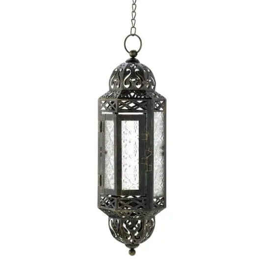13" Antique Victorian Black Filigree Embellished Hanging Candle Lantern {1}
