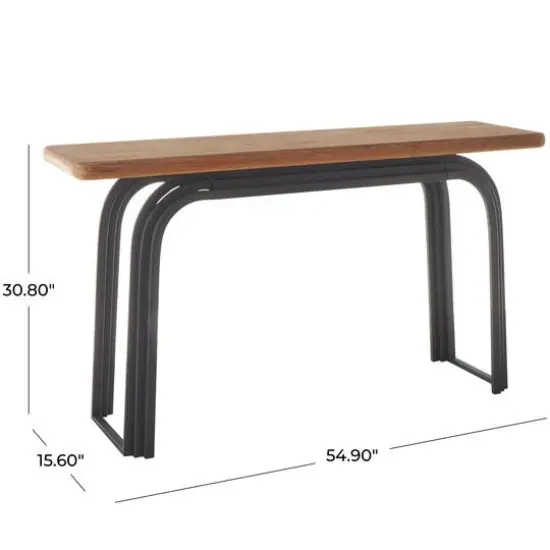55" Black Metal Layered Arch Living Room Console Table with Brown Tabletop {8}
