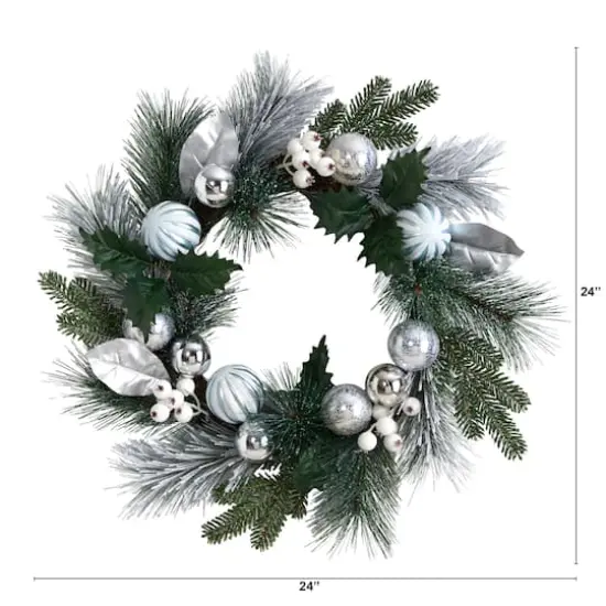 24" Pinecones & Berries Christmas Wreath with Silver Ornaments {3}