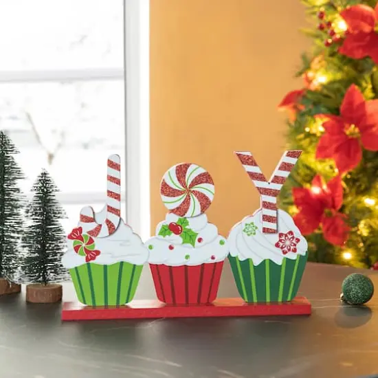 Glitzhome&reg; 12" Christmas Cupcake JOY Table D&eacute;cor {3}