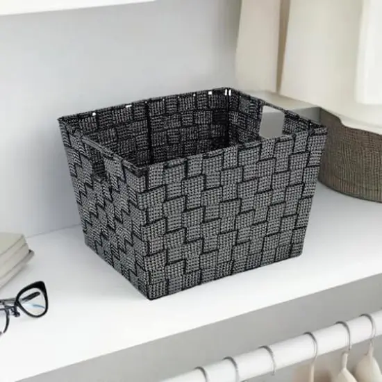 Simplify Medium Black/Silver Lurex Striped Woven Storage Bin {1}