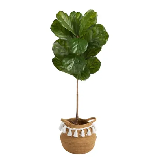 4ft. Fiddle Leaf Artificial Tree in Boho Chic Handmade Natural Cotton Woven Planter with Tassels UV Resistant (Indoor/Outdoor) {3}