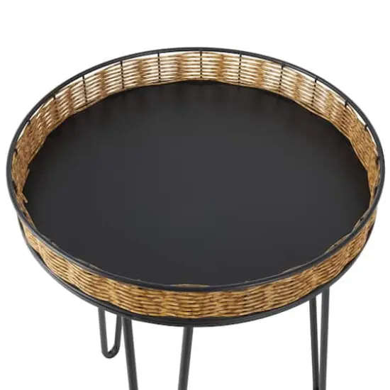 Black Metal Handmade Accent Table with Rattan Tabletop Set {5}