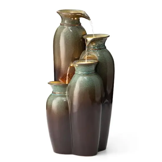 Glitzhome&reg; 30.75" 4-Tier LED Reactive Glaze Ceramic Vase Outdoor Floor Fountain Olive Green and Brown {1}