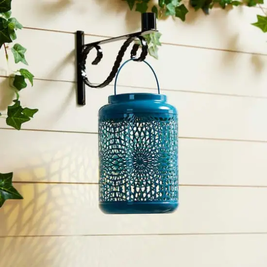 Glitzhome&reg; 9" Cutout Metal Solar Powered Outdoor Hanging Lantern Blue {4}
