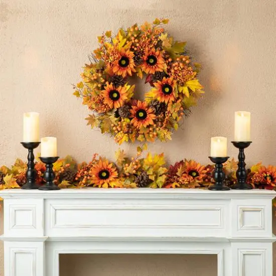 Glitzhome&reg; 24" Fall Sunflower, Maple Leaf &Berry Wreath {6}