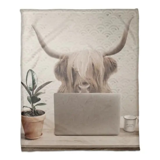 50" x 60" Cow at Desk Laptop Coral Fleece Blanket {1}