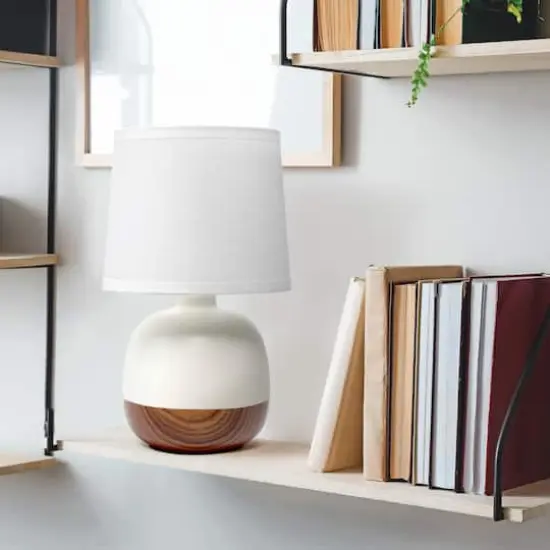 Simple Designs 12" Petite Mid Century Dark Woodgrain Base Table Lamp Off White {5}