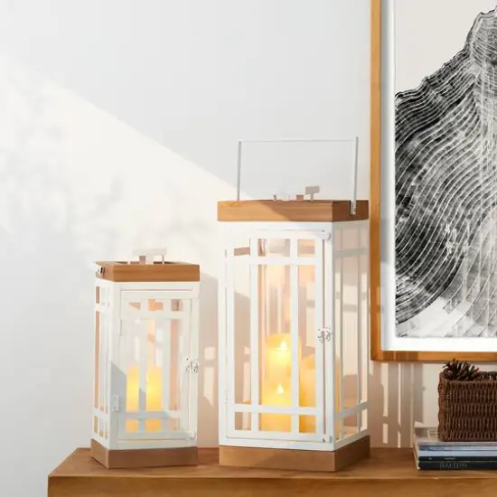 Glitzhome&reg; White Modern Square Metal & Wood Lanterns Set {3}