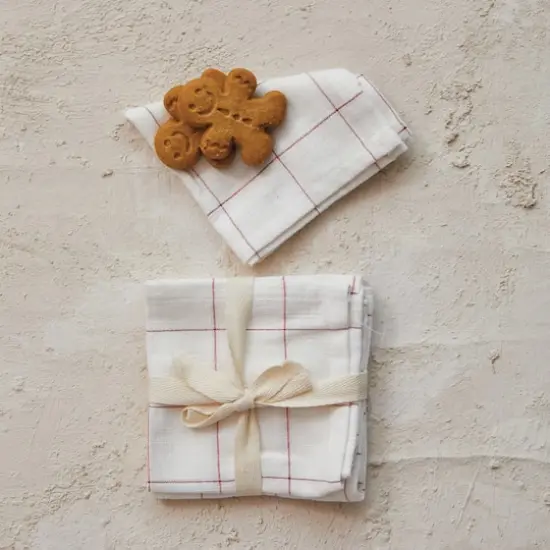 Hello Honey&reg; 10" Cream & Red Cotton Cocktail Napkins with Metallic Grid, 4ct. {3}