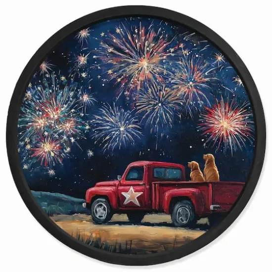 20" Goldens Watching Fireworks Round Framed Print Black {1}