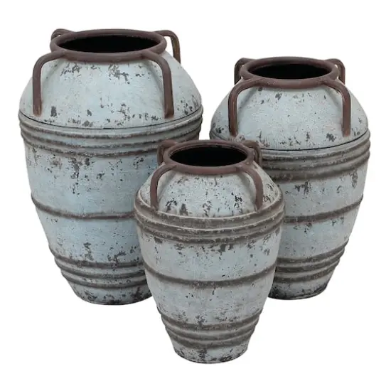 Set of 3 Blue Metal Rustic Vase, 26", 23", 19" {1}