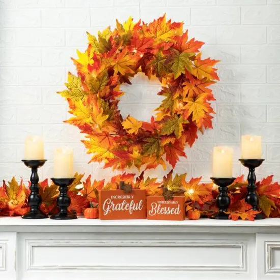 Glitzhome&reg; Lighted Fall Maple Leaves Garland & Wreath Set {4}