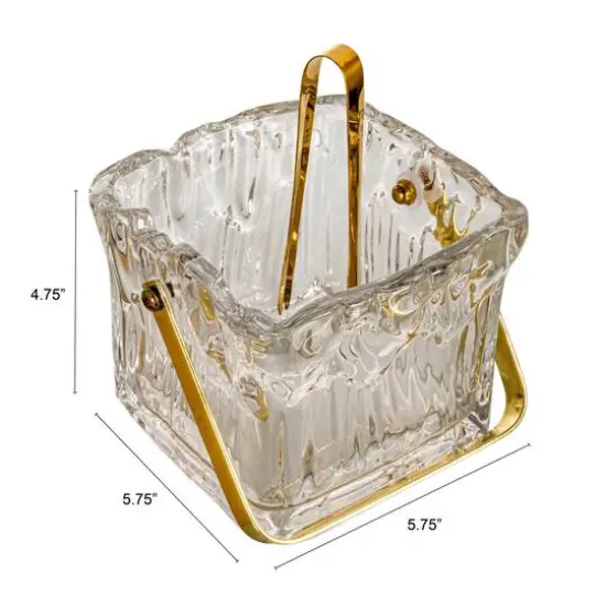 Hello Honey 24-Ounce Textured Glass Ice Bucket with Gold Finish Handle and Tongs, Clear/Gold {10}