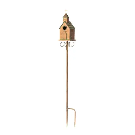 Glitzhome&reg; 4ft. Faux Copper Distressed Metal Church Birdhouse with Stake {1}