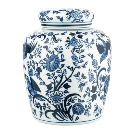 Hello Honey&reg; 8" Blue & White Decorative Bird Ceramic Ginger Jar with Lid {6}