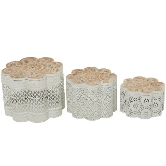 White Metal Quatrefoil Decorative Jars with Wood Carved Lids Set {1}