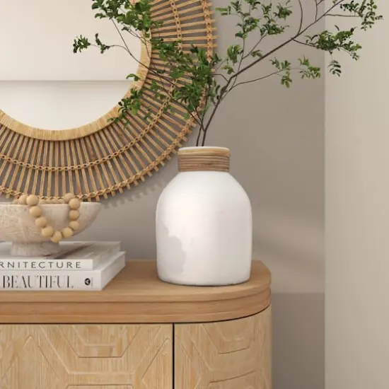11" White Ceramic Vase with Wrapped Rattan Detailing {12}