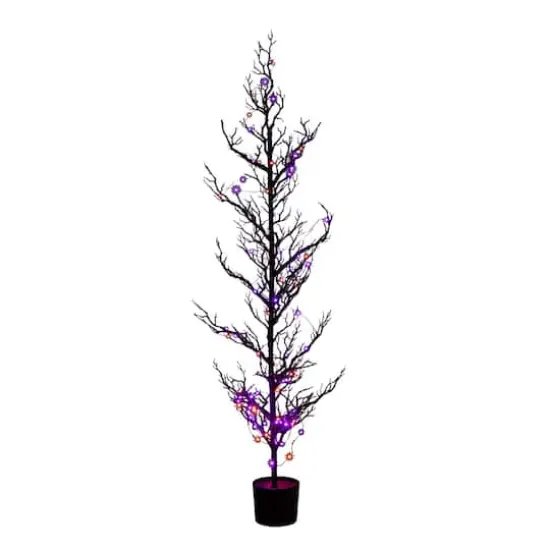 5ft. Pre-Lit Artificial Halloween Black Spooky Twig Tree with 200 Orange & Purple Copper Wire String LED Lights {1}