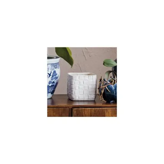 Hello Honey&reg; 6.25" White Debossed Woven Grid Patterned Stoneware Planter {4}