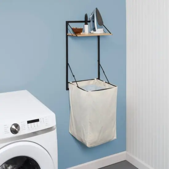 Honey Can Do Black & Maple Collapsible Wall-Mounted Hamper with Laundry Bag & Shelf {5}