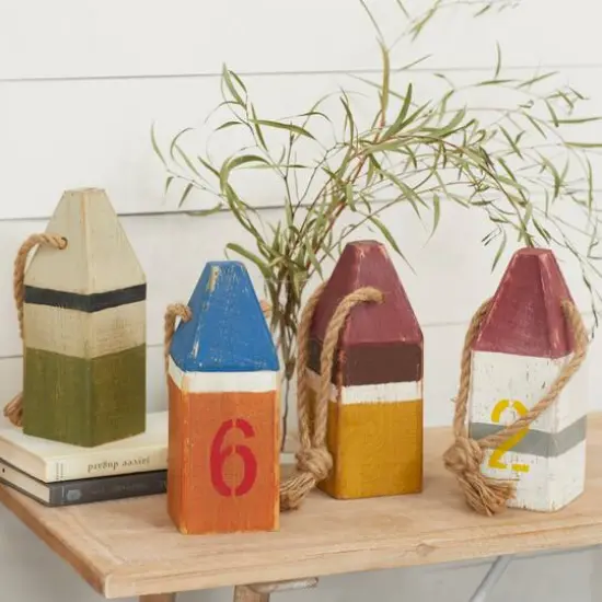 10" Multicolored Wood Coastal Buoy Sculpture Set {3}