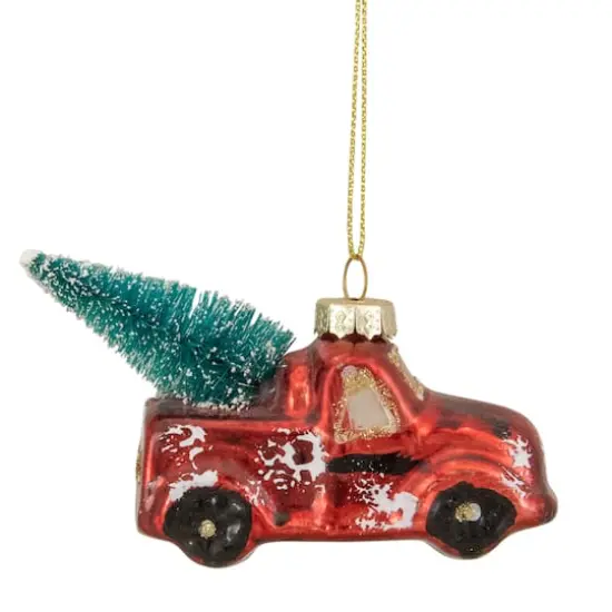 4" Red Metallic Truck with a Sisal Tree Glass Christmas Ornament {4}