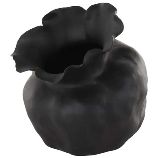 12.75" Black Ceramic Abstract Wide Rounded Floral Shaped Decorative Vase with Petal Rim {1}