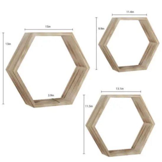 Rustic Brown Floating Hexagonal Shelf Set {3}