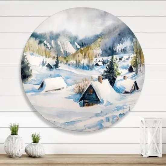 Designart - Mountain Village In Winter - Traditional Metal Circle Wall Art {1}