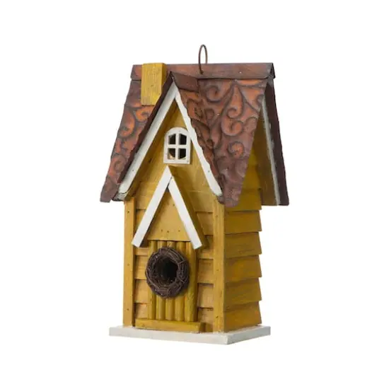 Glitzhome&reg; 12" Retro Yellow Distressed Cottage Birdhouse {1}
