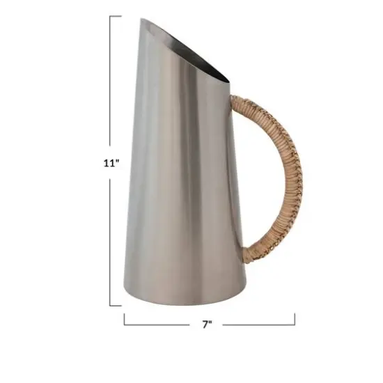 Hello Honey&reg; 11" Modern Boho Angled Stainless Steel Pitcher with Rattan Wrapped Handle {1}