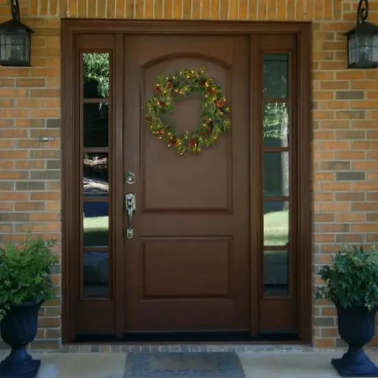 24" Feel Real&reg; Colonial Wreath with Pine Cones, Red Berries & Dual Color LED Lights {3}