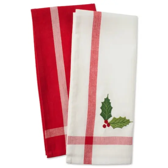 DII&reg; Red & White Stripe Holly & Mistletoe Holiday Embroidered Dishtowel Set {10}