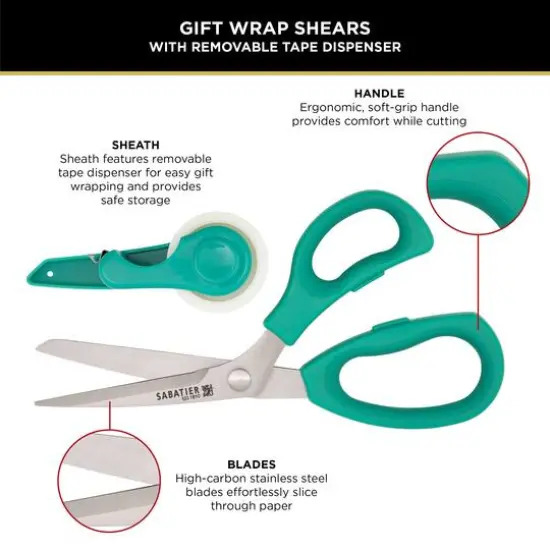 Sabatier 2-in-1 All-Purpose Gift Wrap Scissors with Removable Tape Dispenser Blade Cover Green {5}