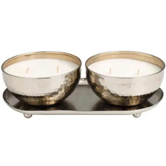 White Wax Vanilla Marshmallow Scented Candle Set with Silver Hammered Containers and Oval Holding Tray {1}