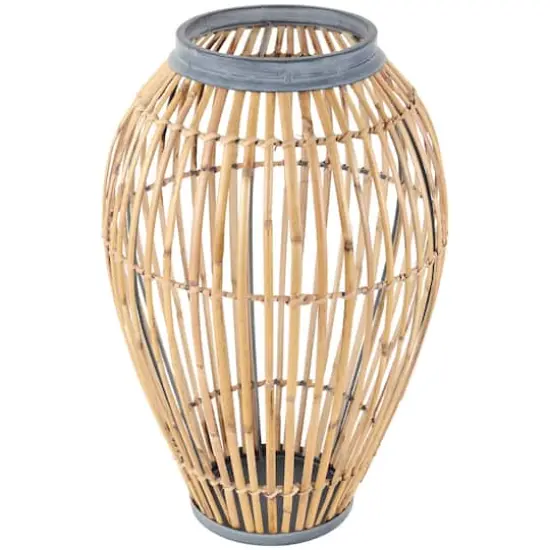 16" Brown Bamboo Handmade Open Frame Vase with Blue Metal Accents {3}