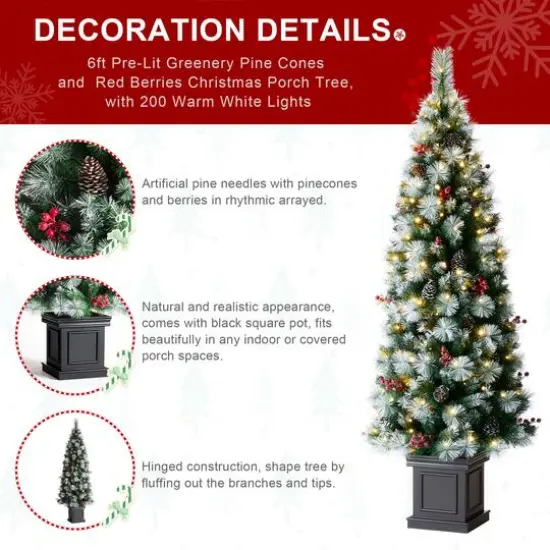 6ft. Pre-Lit Greenery Pinecones & Red Berries Artificial Christmas Porch Tree, Warm White LED Lights {8}