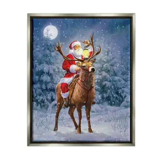 Stupell Industries Santa Riding Reindeer Landscape Framed Floater Canvas Wall Art Gray {1}
