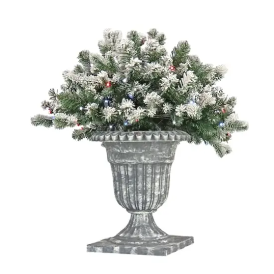 24" Feel Real&reg; Snowy Sheffield Spruce Porch Bush in Silver Brushed Plastic Urn {1}
