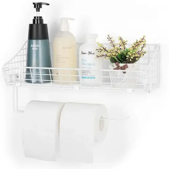NEX&trade; 16" White Wall Mounted Wire Basket Shelf & Paper Roll Holder {1}
