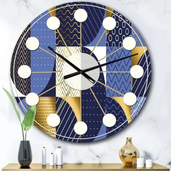 Designart 'Retro Luxury Waves In Gold And Blue Iv Mid-Century Modern Wall Clock {1}