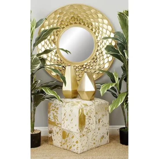 17" Gold Leather & Wood Glam Ottoman {5}