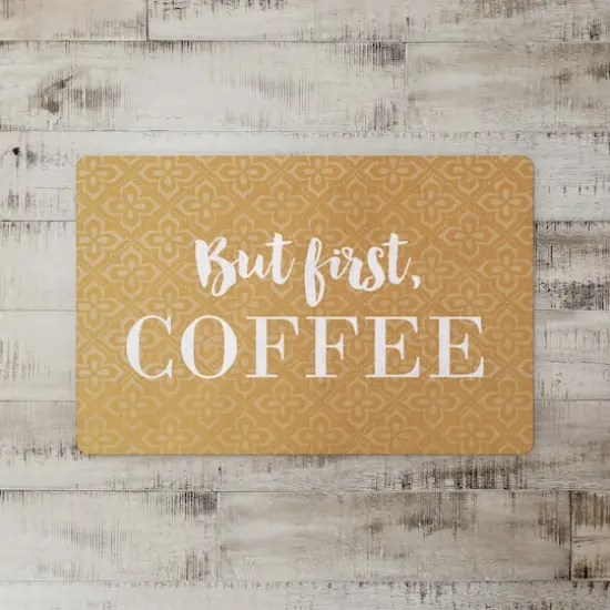 Yellow and White But First Coffee Floor Mat {3}
