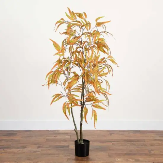 5ft. Green & Orange Autumn Wispy Eucalyptus Artificial Potted Tree {9}