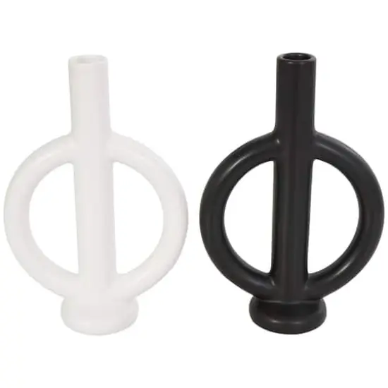 CosmoLiving by Cosmopolitan 10" Black & White Ceramic Geometric Ring Taper Candle Holder Set {1}