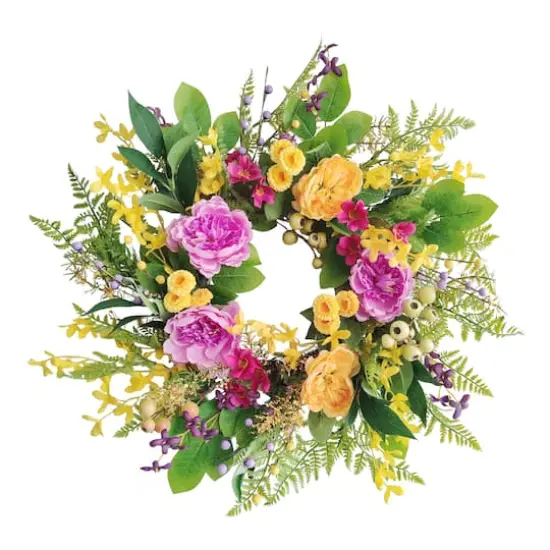 24" Pink, Orange & Yellow Spring Peony & Winter Jasmine Floral Wreath {1}